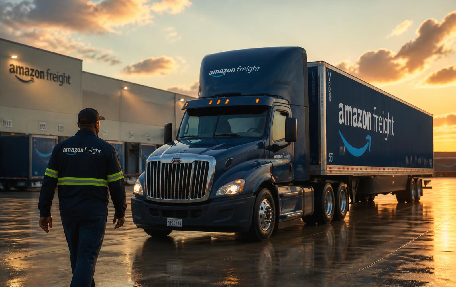 Double Nickel Logistics driver walking toward an Amazon Freight day-cab tractor at a logistics hub